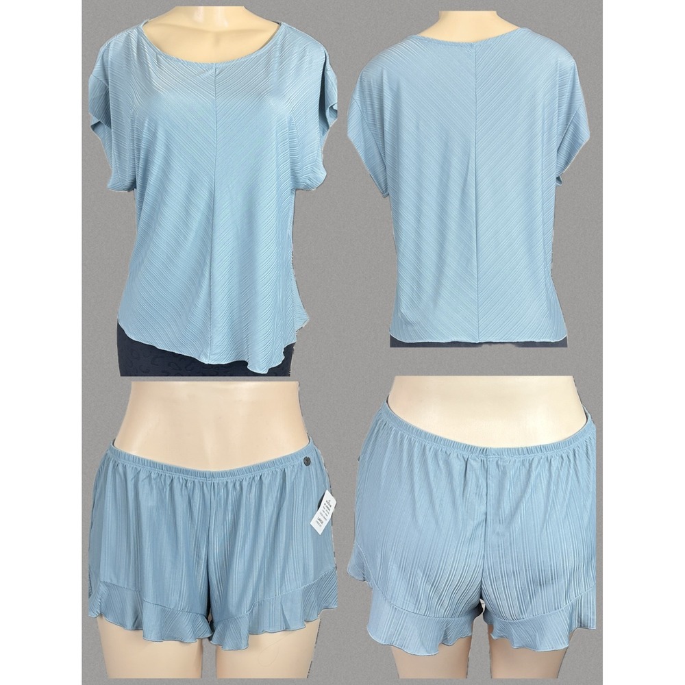Midnight Bakery L Blue Textured Pajamas Short Sleeve Top & Ruffle Shorts Set